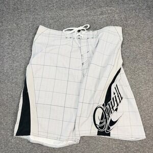O'Neill Mens Plaid Board Shorts White Black Size 34 Script Cursive Swim Trunks